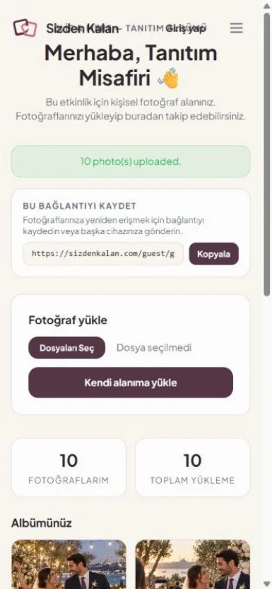 Sizden Kalan tanıtım albümündeki gerçek misafir fotoğraf yükleme ekranı