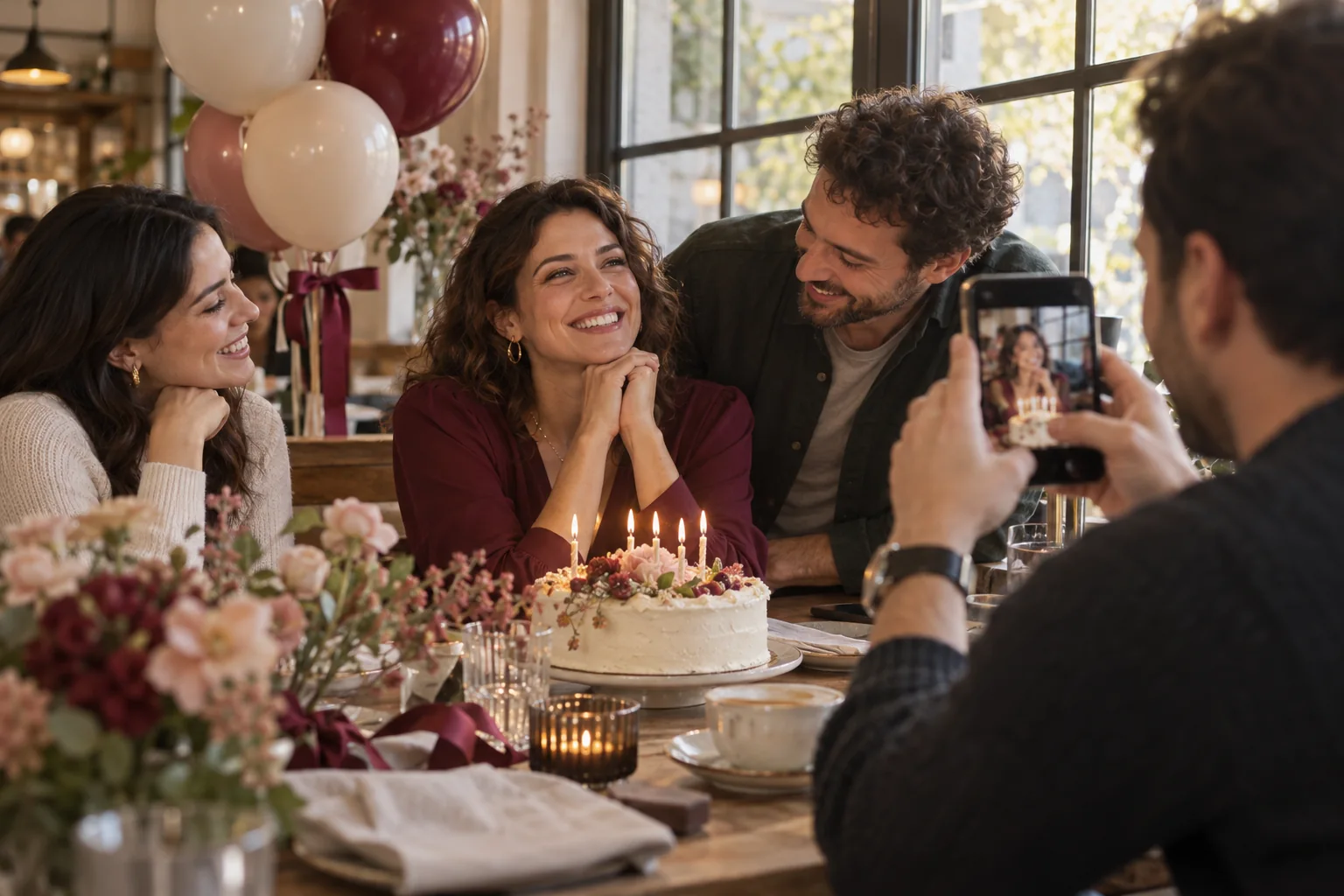 Doğum günü pastasının etrafında toplanan yetişkin arkadaşlar; telefonla fotoğraf çekilen temsili kutlama görseli